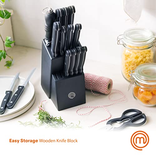 MasterChef Knife Block Set of Kitchen Knives, Large 15pc Stainless Steel Cooking Knife Collection incl. Steak Knives, Cutting Shears & Knife Sharpener with Riveted Handles in a Matte Black Holder