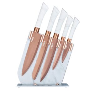 tower t81534wr kitchen knife set with acrylic knife block, stainless steel with soft touch handles, white marble and rose gold, 5 piece