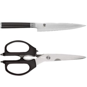 shun cutlery classic utility knife 6" and kai pro multi-purpose kitchen shears set, handcrafted japanese kitchen knives & shears