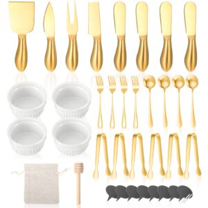 38 pcs charcuterie board accessories utensils include cheese knife set charcuterie bowls cheese markers serving tongs spoons and forks honey dipper for butter cheese and pastry making (gold)