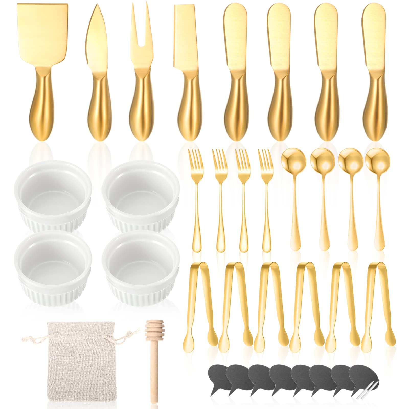 38 Pcs Charcuterie Board Accessories Utensils Include Cheese Knife Set Charcuterie Bowls Cheese Markers Serving Tongs Spoons and Forks Honey Dipper for Butter Cheese and Pastry Making (Gold)