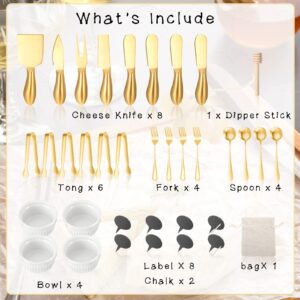38 Pcs Charcuterie Board Accessories Utensils Include Cheese Knife Set Charcuterie Bowls Cheese Markers Serving Tongs Spoons and Forks Honey Dipper for Butter Cheese and Pastry Making (Gold)