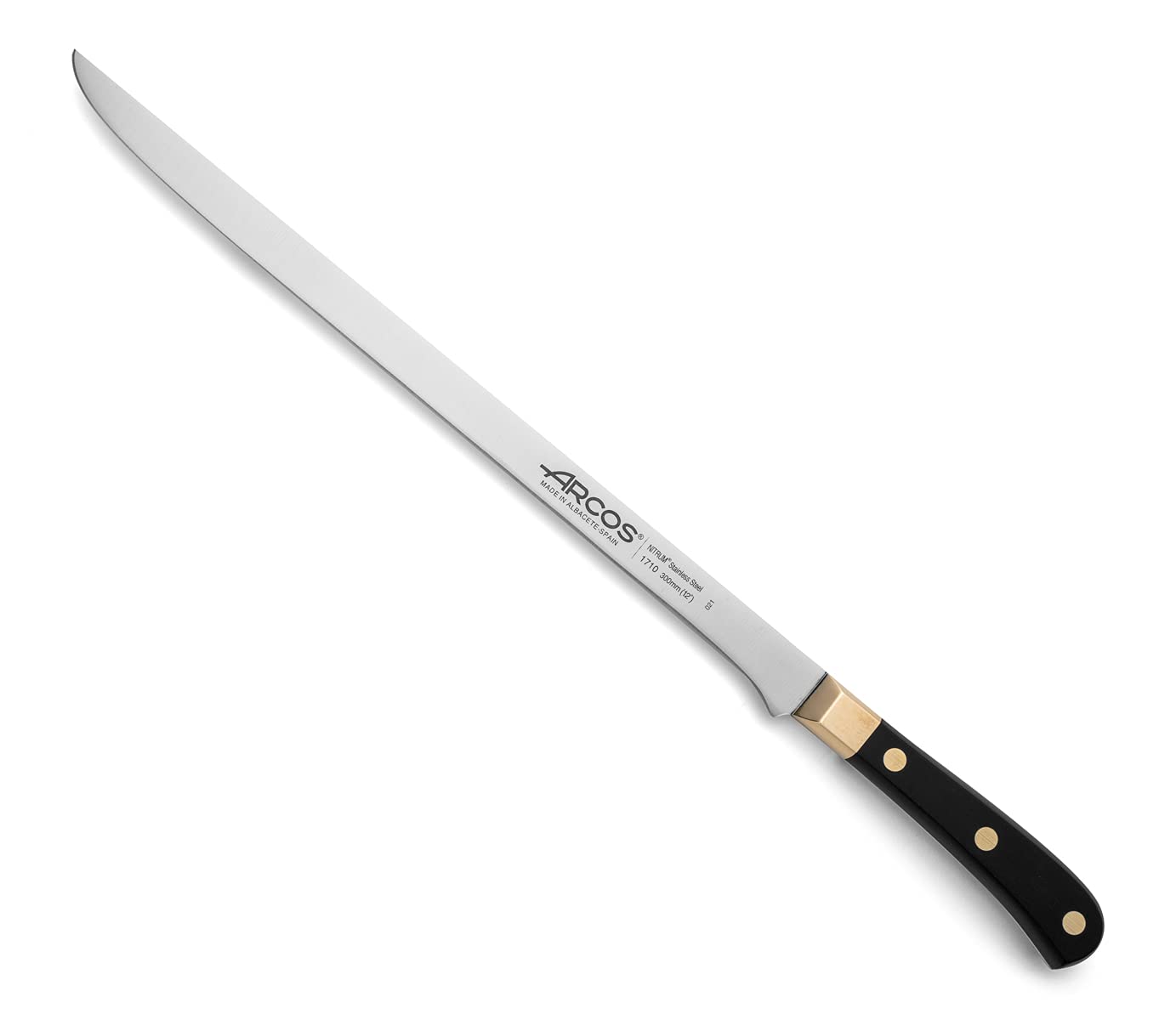 ARCOS Carving Knife 12 Inch Stainless Steel. Ham Slicer Knife for Cutting Ham and Meat. Ergonomic Polyoxymethylene Handle and 300mm Blade. Series Regia. Color Black/Gold