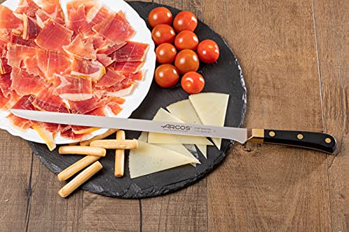 ARCOS Carving Knife 12 Inch Stainless Steel. Ham Slicer Knife for Cutting Ham and Meat. Ergonomic Polyoxymethylene Handle and 300mm Blade. Series Regia. Color Black/Gold