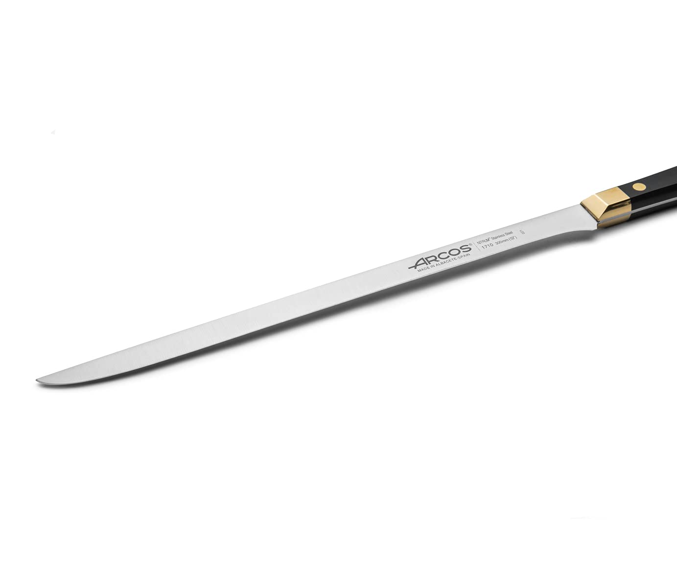 ARCOS Carving Knife 12 Inch Stainless Steel. Ham Slicer Knife for Cutting Ham and Meat. Ergonomic Polyoxymethylene Handle and 300mm Blade. Series Regia. Color Black/Gold