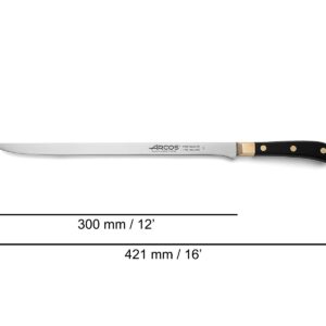 ARCOS Carving Knife 12 Inch Stainless Steel. Ham Slicer Knife for Cutting Ham and Meat. Ergonomic Polyoxymethylene Handle and 300mm Blade. Series Regia. Color Black/Gold