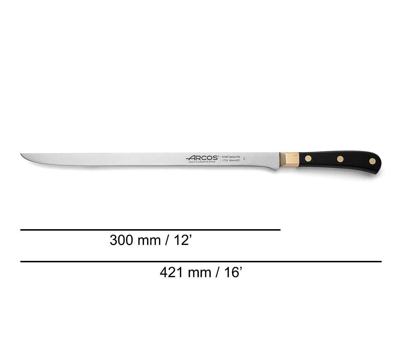 ARCOS Carving Knife 12 Inch Stainless Steel. Ham Slicer Knife for Cutting Ham and Meat. Ergonomic Polyoxymethylene Handle and 300mm Blade. Series Regia. Color Black/Gold