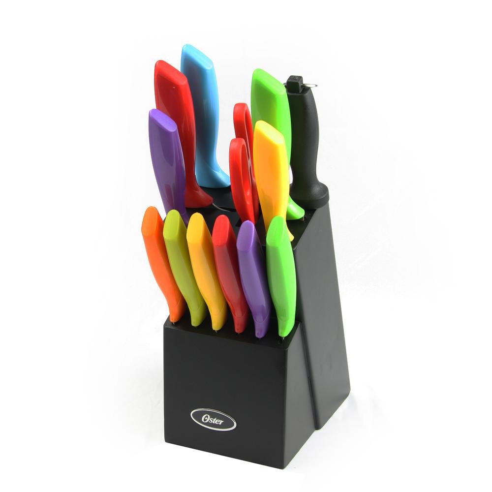 Oster Kade 14pc Stainless Steel Kitchen Knife Cutlery Set W/Black Block, Mixed Colors