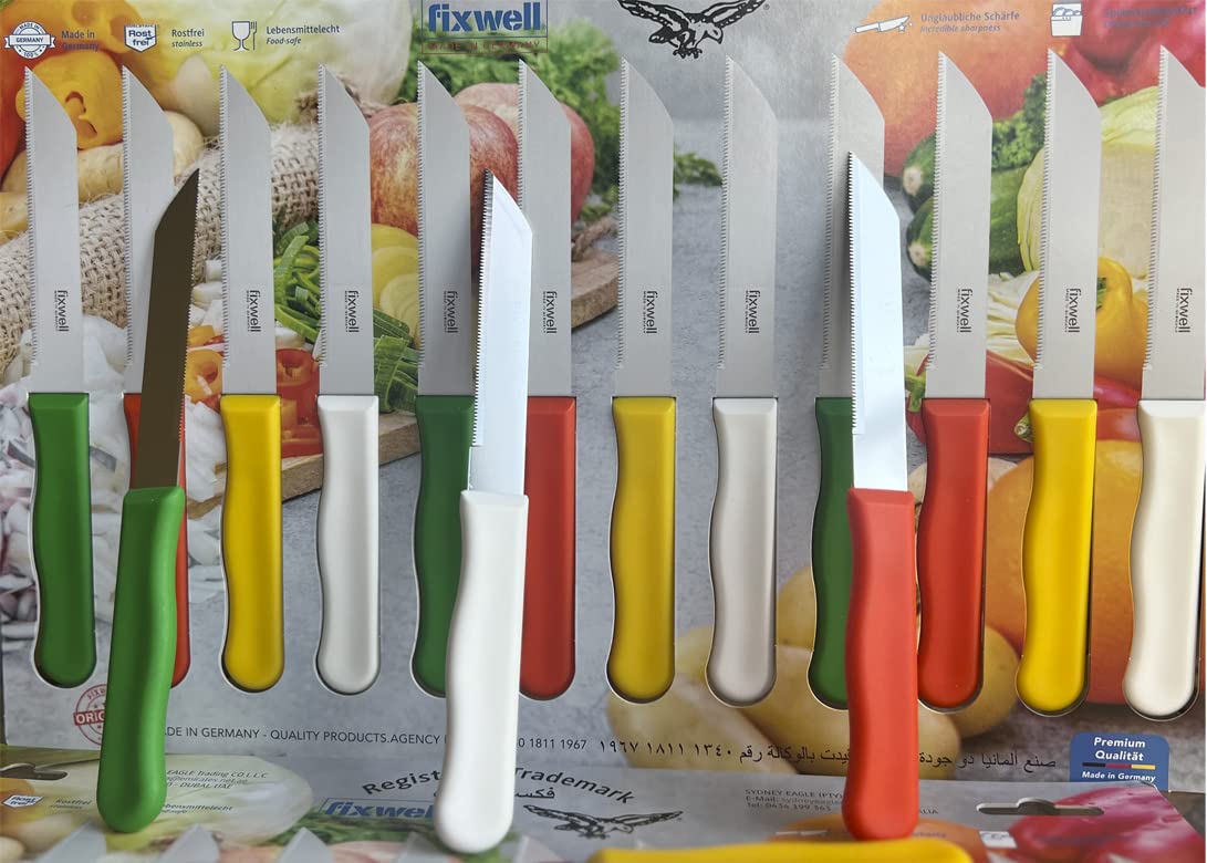 fixwell Stainless Steel Knife Set, 12-Piece, WHITE, RED, GREEN , YELLOW, 3 INCH