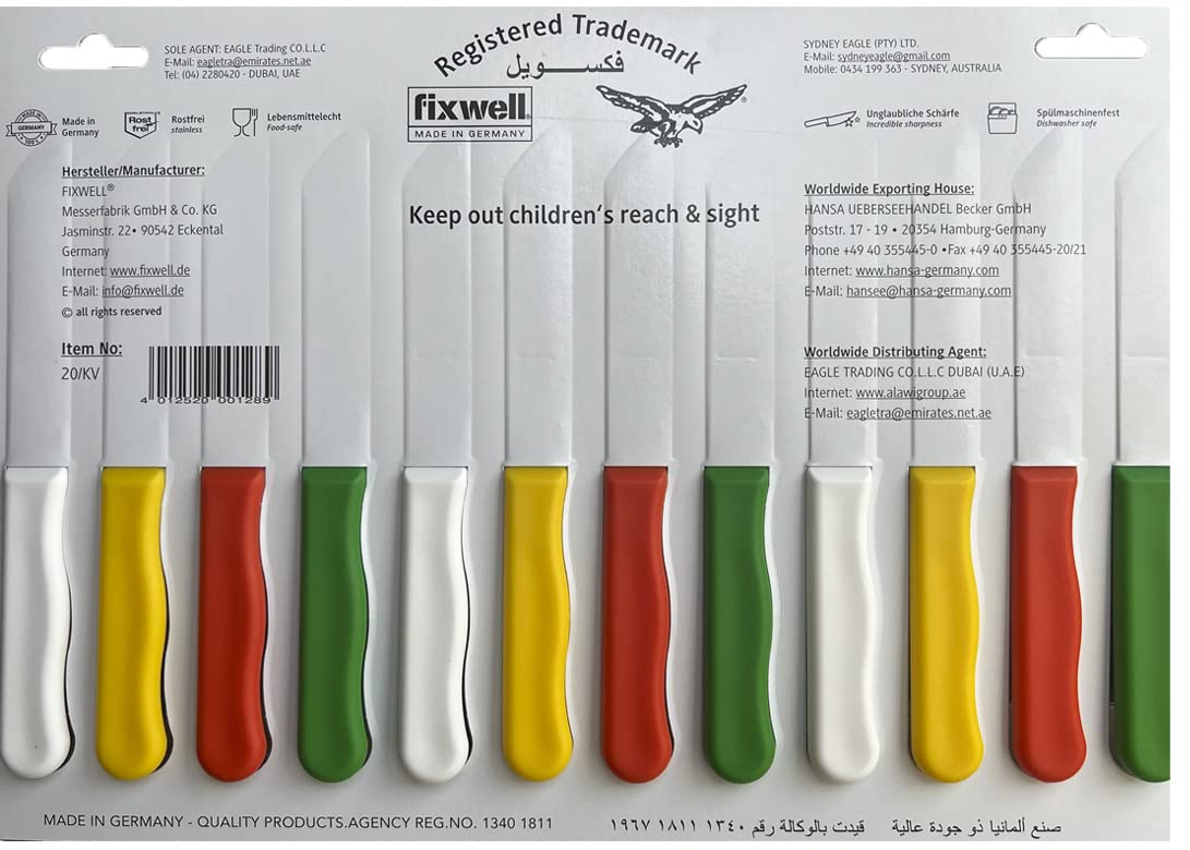 fixwell Stainless Steel Knife Set, 12-Piece, WHITE, RED, GREEN , YELLOW, 3 INCH