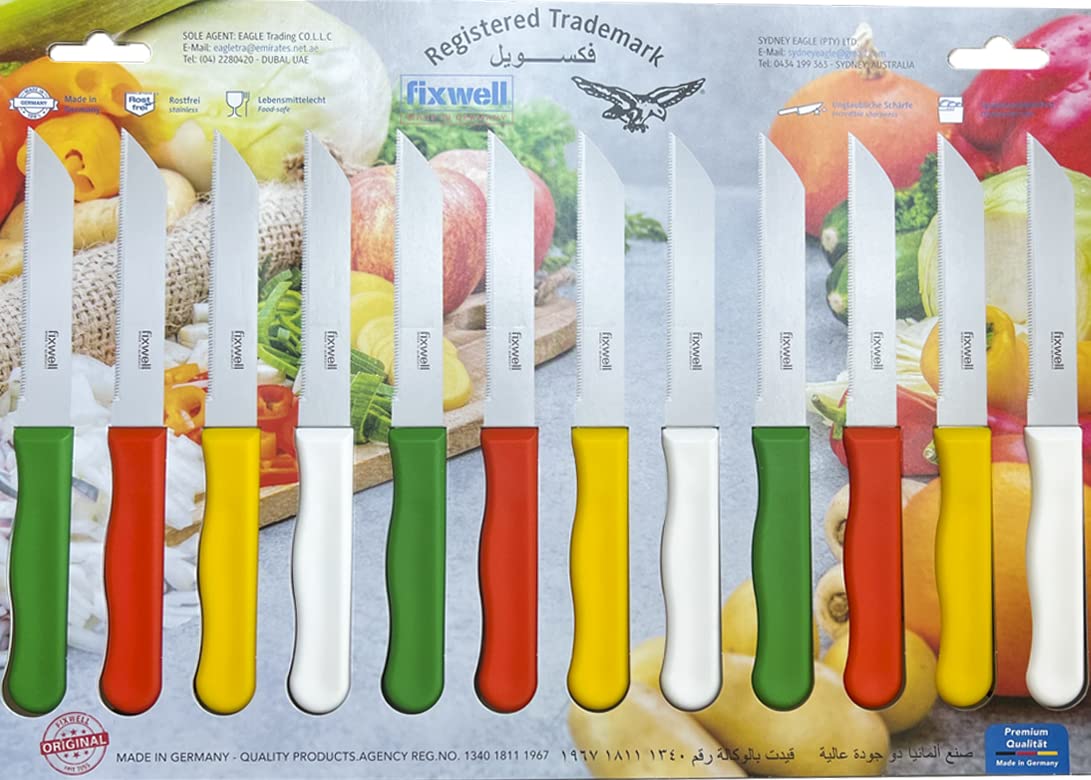 fixwell Stainless Steel Knife Set, 12-Piece, WHITE, RED, GREEN , YELLOW, 3 INCH