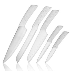 bino 5-piece stainless steel kitchen knives set with sheath - speckled white | chopping knife | serrated utility knife | santoku knife | bread knives | cutting | cooking | meal prep | chefs knife set