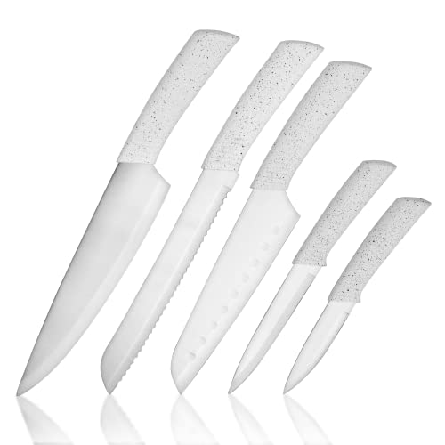 BINO 5-Piece Stainless Steel Kitchen Knives Set with Sheath - Speckled White | Chopping Knife | Serrated Utility Knife | Santoku Knife | Bread Knives | Cutting | Cooking | Meal Prep | Chefs Knife Set