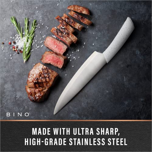 BINO 5-Piece Stainless Steel Kitchen Knives Set with Sheath - Speckled White | Chopping Knife | Serrated Utility Knife | Santoku Knife | Bread Knives | Cutting | Cooking | Meal Prep | Chefs Knife Set