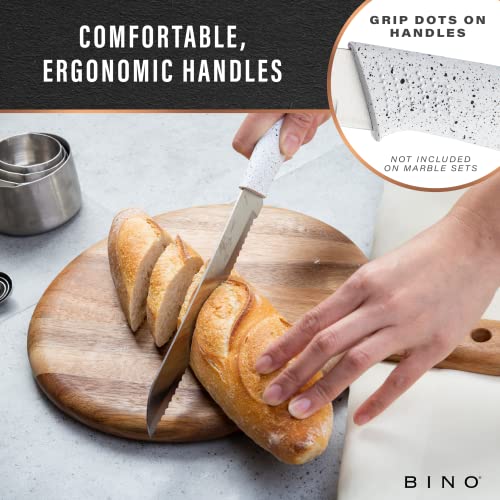 BINO 5-Piece Stainless Steel Kitchen Knives Set with Sheath - Speckled White | Chopping Knife | Serrated Utility Knife | Santoku Knife | Bread Knives | Cutting | Cooking | Meal Prep | Chefs Knife Set