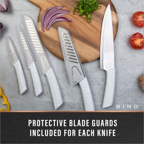 BINO 5-Piece Stainless Steel Kitchen Knives Set with Sheath - Speckled White | Chopping Knife | Serrated Utility Knife | Santoku Knife | Bread Knives | Cutting | Cooking | Meal Prep | Chefs Knife Set