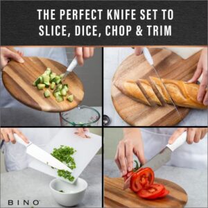 BINO 5-Piece Stainless Steel Kitchen Knives Set with Sheath - Speckled White | Chopping Knife | Serrated Utility Knife | Santoku Knife | Bread Knives | Cutting | Cooking | Meal Prep | Chefs Knife Set