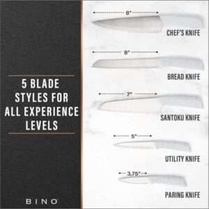 BINO 5-Piece Stainless Steel Kitchen Knives Set with Sheath - Speckled White | Chopping Knife | Serrated Utility Knife | Santoku Knife | Bread Knives | Cutting | Cooking | Meal Prep | Chefs Knife Set