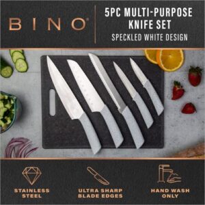 BINO 5-Piece Stainless Steel Kitchen Knives Set with Sheath - Speckled White | Chopping Knife | Serrated Utility Knife | Santoku Knife | Bread Knives | Cutting | Cooking | Meal Prep | Chefs Knife Set