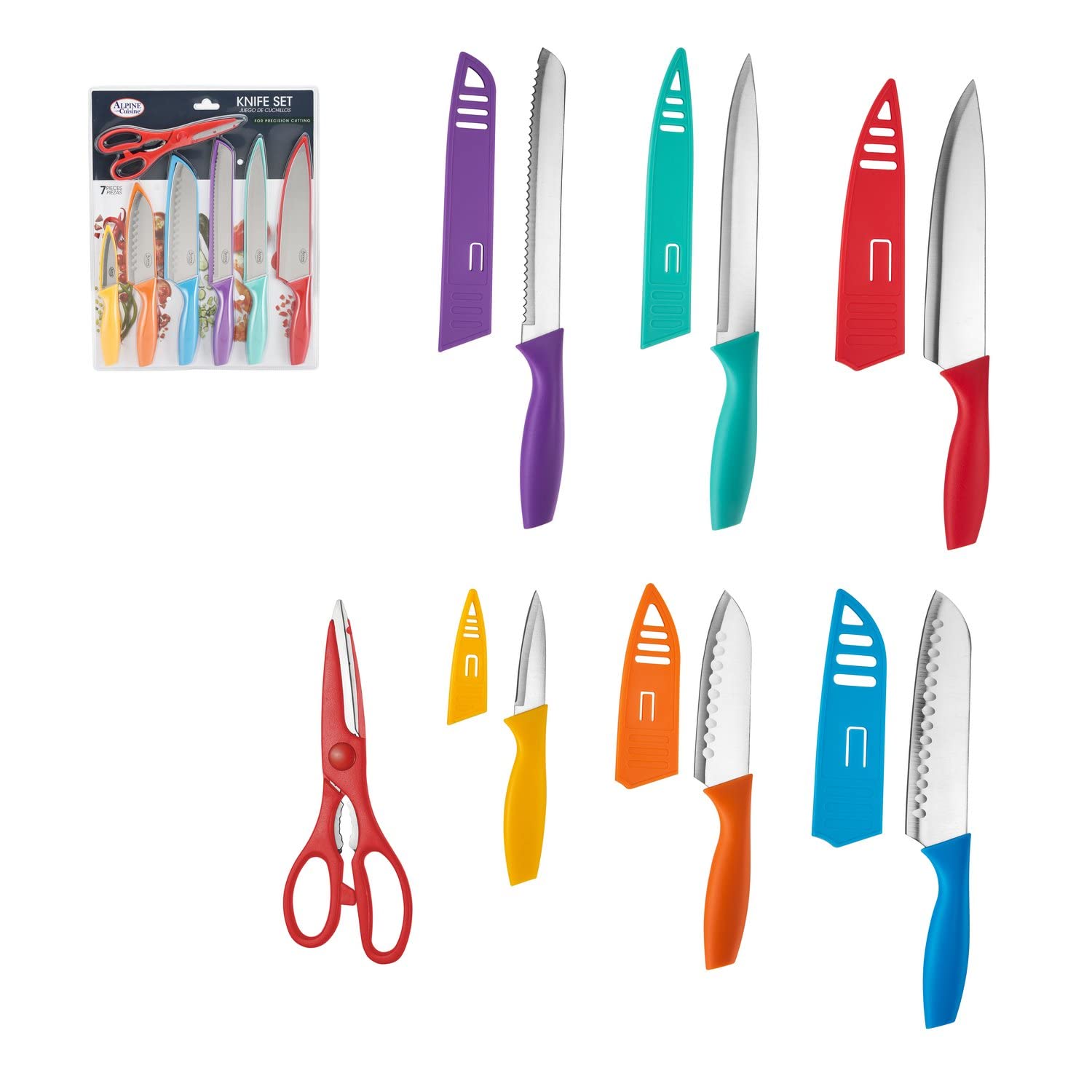 Alpine Cuisine Cutlery Stainless Steel Knife Set 7pc with Color Handle & Sheath, Ultra Sharp Kitchen Knife Set, Ergonomic Multi-Color Plastic Handle, Superb Edge Retention, Knife Set for Kitchen