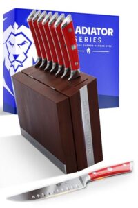 dalstrong steak knife set - 8 piece - 5 inch straight edge blade - gladiator series elite - forged high-carbon german steel dinner kitchen knife - red abs handle - folding block set - nsf certified