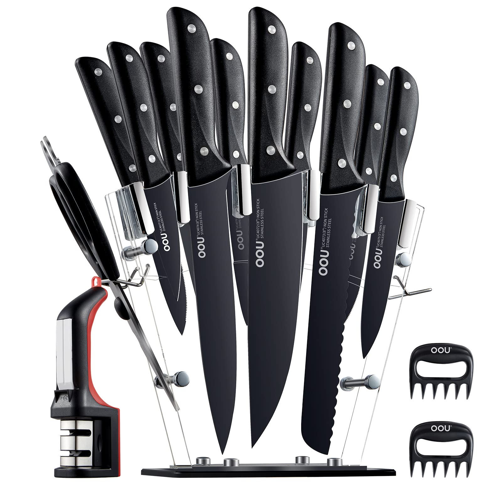 OOU Kitchen Knife Block Set - 15 Pieces Premium Black Knife Set, Dishwasher Safe Knife Set with Sharpener, German Stainless Steel Chef Knives Set, Ultra Sharp Modern Knife Sets with Acrylic Stand