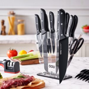 OOU Kitchen Knife Block Set - 15 Pieces Premium Black Knife Set, Dishwasher Safe Knife Set with Sharpener, German Stainless Steel Chef Knives Set, Ultra Sharp Modern Knife Sets with Acrylic Stand