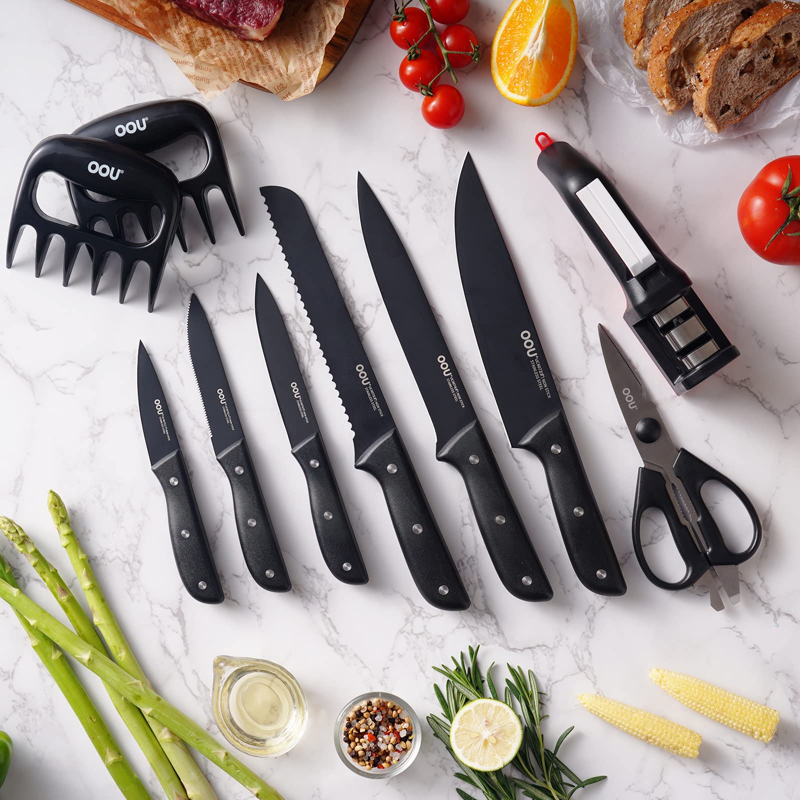 OOU Kitchen Knife Block Set - 15 Pieces Premium Black Knife Set, Dishwasher Safe Knife Set with Sharpener, German Stainless Steel Chef Knives Set, Ultra Sharp Modern Knife Sets with Acrylic Stand