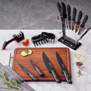 OOU Kitchen Knife Block Set - 15 Pieces Premium Black Knife Set, Dishwasher Safe Knife Set with Sharpener, German Stainless Steel Chef Knives Set, Ultra Sharp Modern Knife Sets with Acrylic Stand