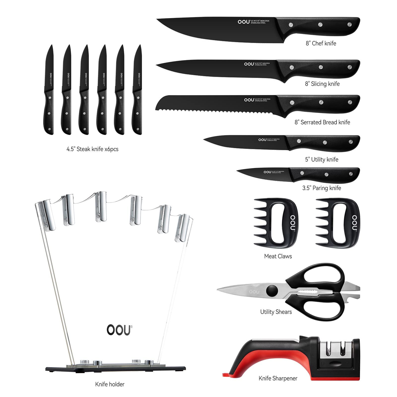 OOU Kitchen Knife Block Set - 15 Pieces Premium Black Knife Set, Dishwasher Safe Knife Set with Sharpener, German Stainless Steel Chef Knives Set, Ultra Sharp Modern Knife Sets with Acrylic Stand