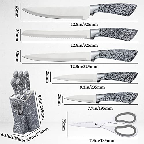 RETROSOHOO Kitchen Knife Set, 7-Pieces Grey Spray Paint Stainless Steel Chef Knife Set Sets with Knife Holder,Non-slip Ergonomic Handle Sharp Cooking Knives Sets with Gift Box for Men Women (Grey)