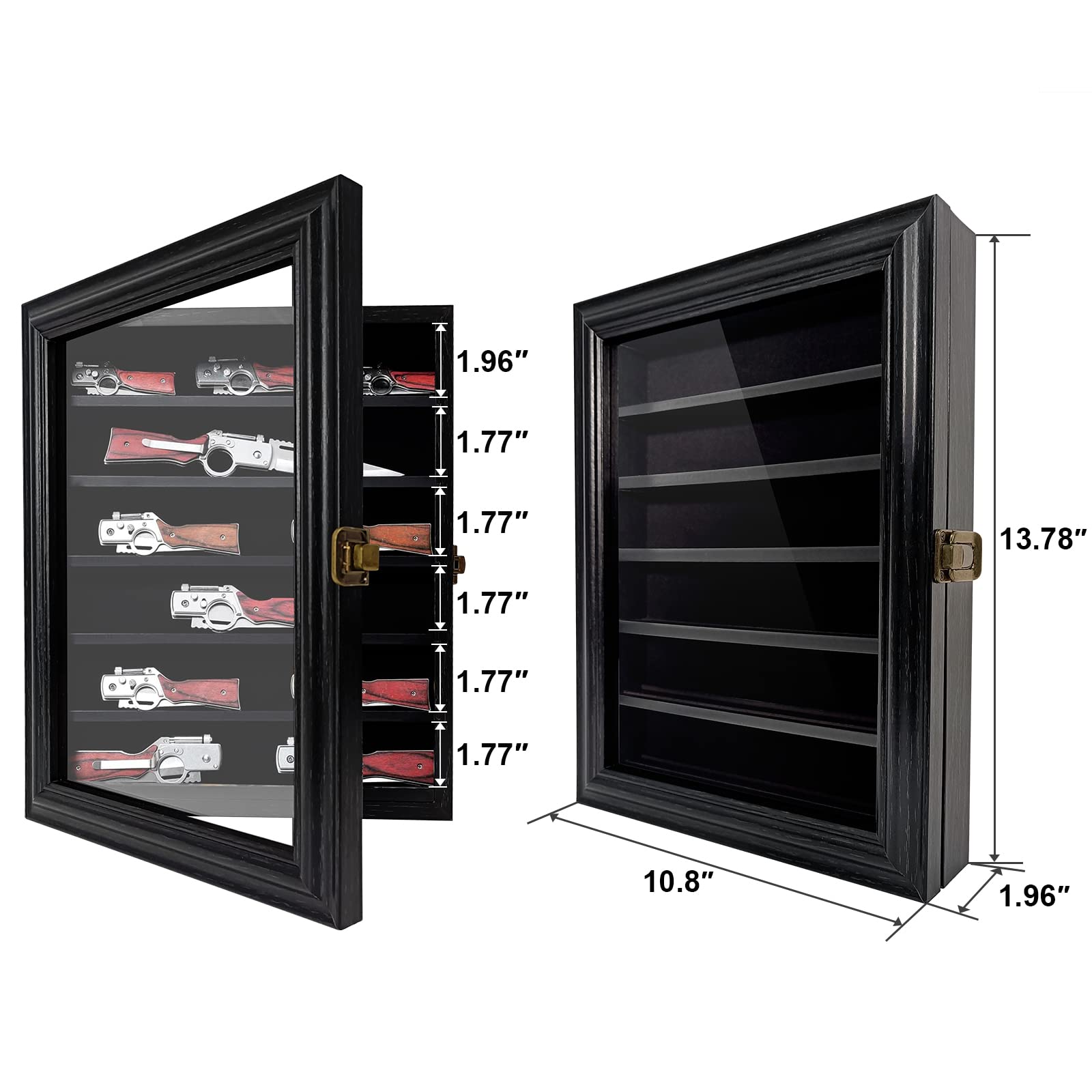 Knife Display Case 6 Rows Pocket Knife Display Case for Wall Military Folding Knife Shadow Box Cabinet for Collections with HD Toughened Glass Door,Removable 2 Grooves Shelves ,Black