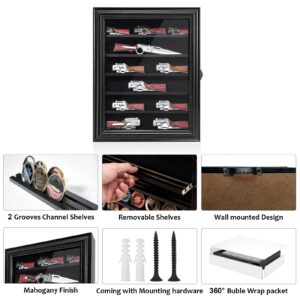 Knife Display Case 6 Rows Pocket Knife Display Case for Wall Military Folding Knife Shadow Box Cabinet for Collections with HD Toughened Glass Door,Removable 2 Grooves Shelves ,Black