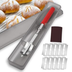 flagood Stainless Steel 18/8 Bread Lame Tool with 10 Replacement Blades Included with Silicone Covered Handle - Dough Scoring knife for Sourdough Bread Slashing with Storage Box