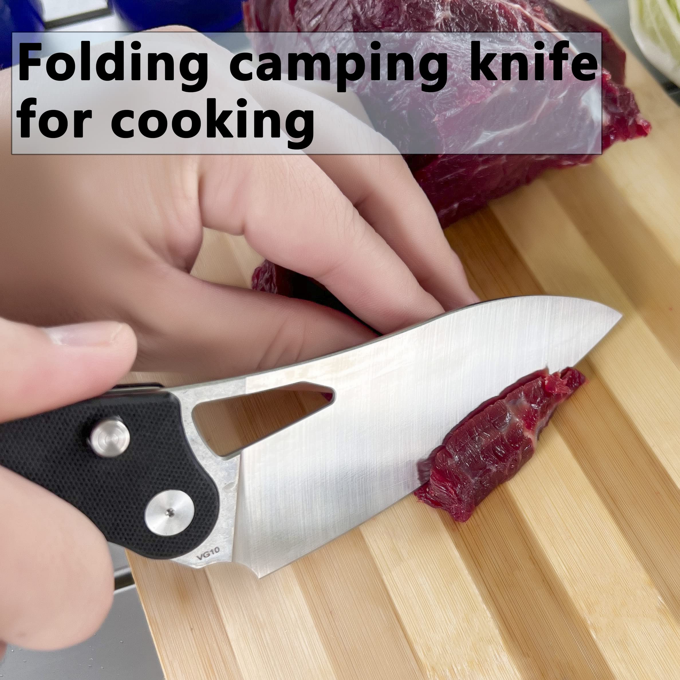 9TiEDC Pocket Folding Chef Knife,VG10 Stainless Steel Ultra sharp Pocket Folding Knife,Folding Camping Knife for Cooking,G10 Handle Camping Trip Outdoor Portable Kitchen Knife(black)