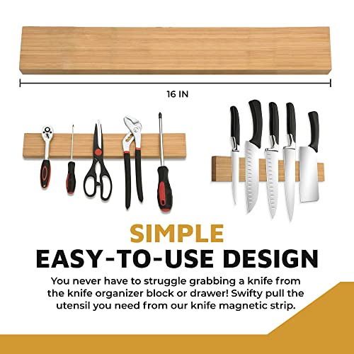 Poolrcfilters 16-Inch Magnetic Bamboo Knife Set Holder, Versatile Utensil Holder & Tool Organizer, Space-Saving Kitchen Organization Essential