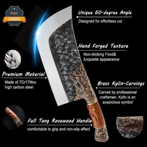 Purple Dragon Meat Cleaver Knife Heavy Duty Butcher Knife Hand Forged Professional Bone Chopper with leather sheath outdoor Knife High Carbon Steel Sharp for Home or Restaurant Gift Box