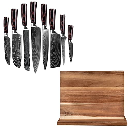 SENKEN 8-piece Japanese Imperial Knife Set with Magnetic Knife Block Bundle