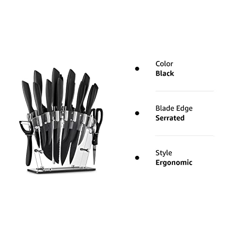 KDIK 16 PCS High Carbon Stainless Steel Kitchen Knife Set, BO Oxidation, No Rust, Sharp Cutlery Black Knife Set with Acrylic Stand and Serrated Steak Knives,AB112