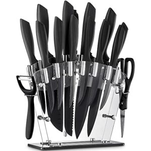 kdik 16 pcs high carbon stainless steel kitchen knife set, bo oxidation, no rust, sharp cutlery black knife set with acrylic stand and serrated steak knives,ab112