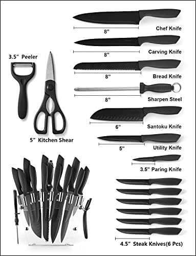 KDIK 16 PCS High Carbon Stainless Steel Kitchen Knife Set, BO Oxidation, No Rust, Sharp Cutlery Black Knife Set with Acrylic Stand and Serrated Steak Knives,AB112