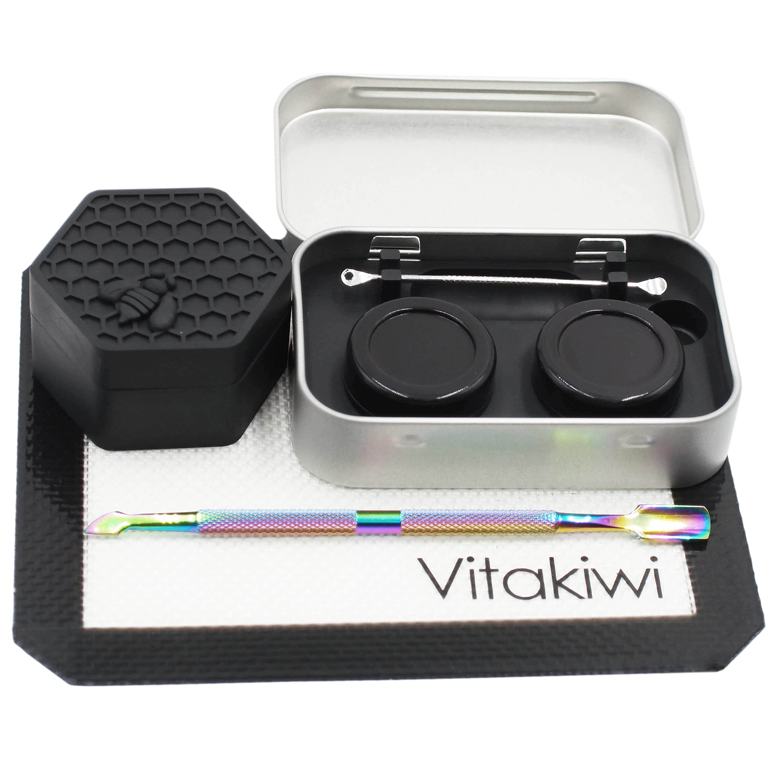 Vitakiwi Silicone Wax Carving Travel Kit with 5ml 26ml Honeybee Concentrate Containers + 5.2" Rainbow Tool + 5.9"×4.9" Mat + Tin Carrying Box (Black Color)