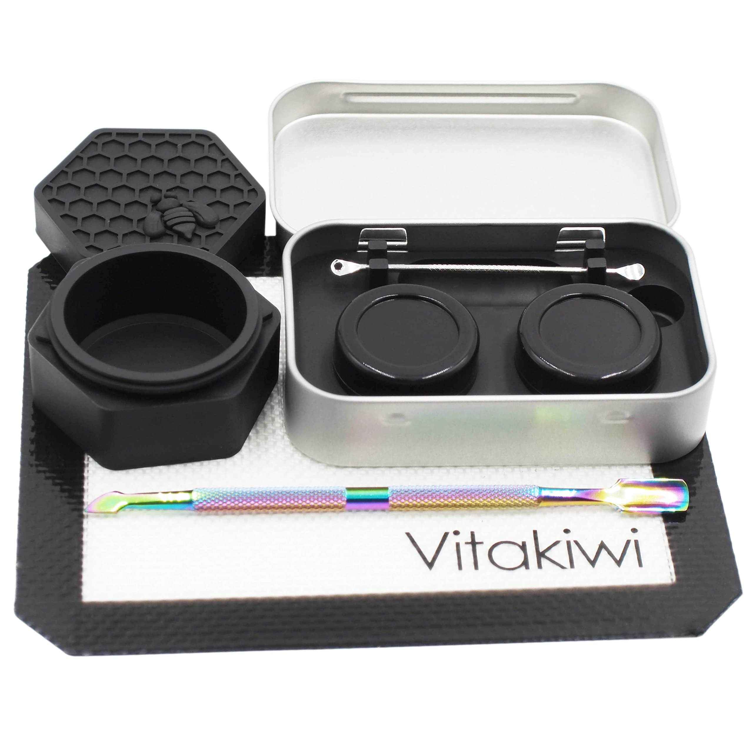 Vitakiwi Silicone Wax Carving Travel Kit with 5ml 26ml Honeybee Concentrate Containers + 5.2" Rainbow Tool + 5.9"×4.9" Mat + Tin Carrying Box (Black Color)