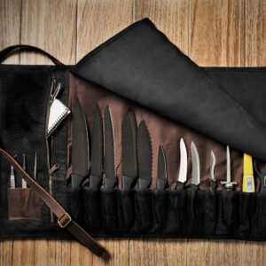 Asaya Waxed Canvas Knife Roll - 15 Knife Slots, Card Holder and Large Zippered Pocket - Genuine Leather, Cloth and Brass Buckles - for Chefs and Culinary Students - Knives Not Included