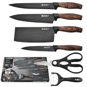 professional chef knife set 6 pieces, black kitchen knive set sharp meat knives for cooking, stainless steel forged kitchen knife with cutlery ergonomic design wood handle chef knife gifts box