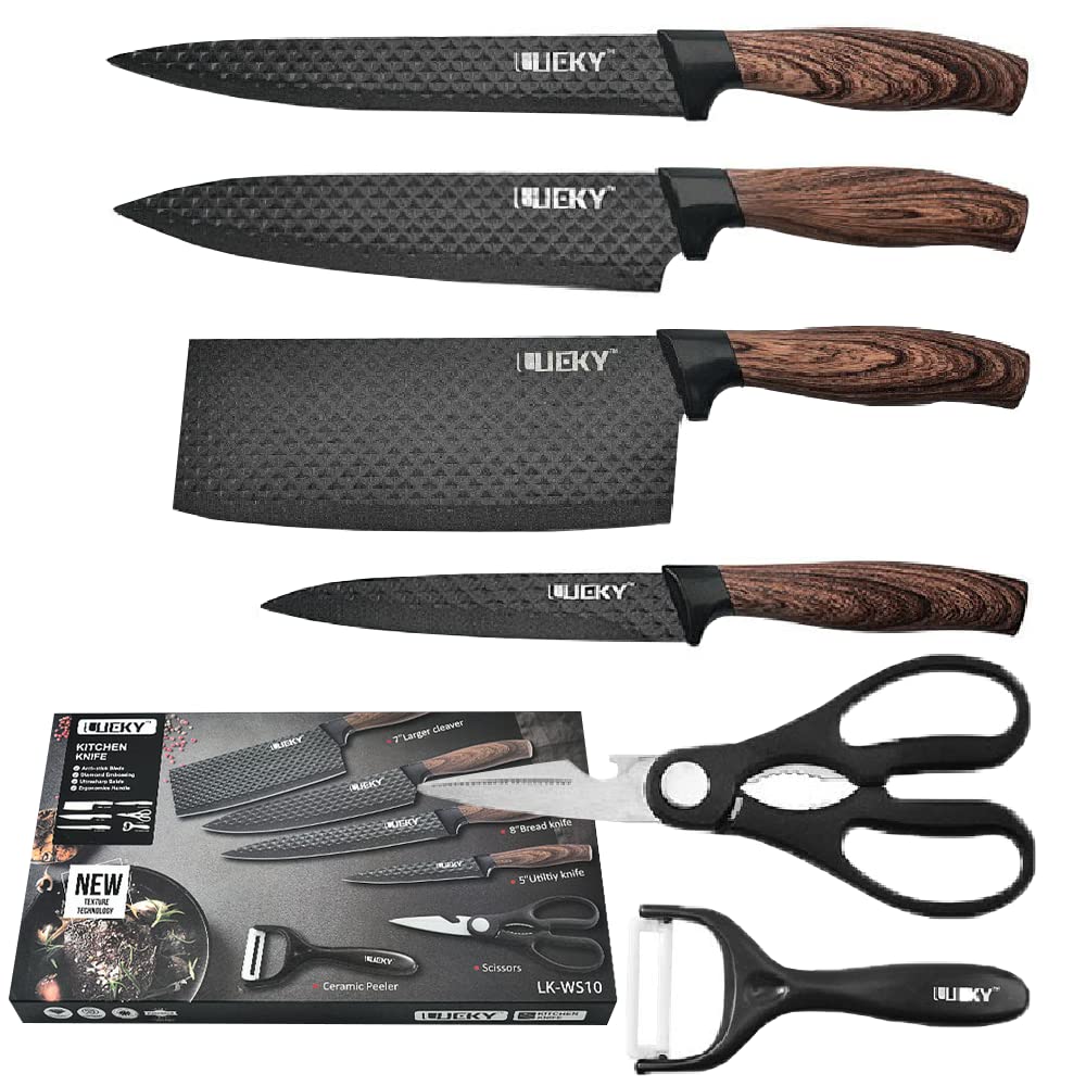 Professional Chef Knife Set 6 Pieces, Black Kitchen Knive Set Sharp Meat Knives for Cooking, Stainless Steel Forged Kitchen Knife with Cutlery Ergonomic Design Wood Handle Chef Knife Gifts Box