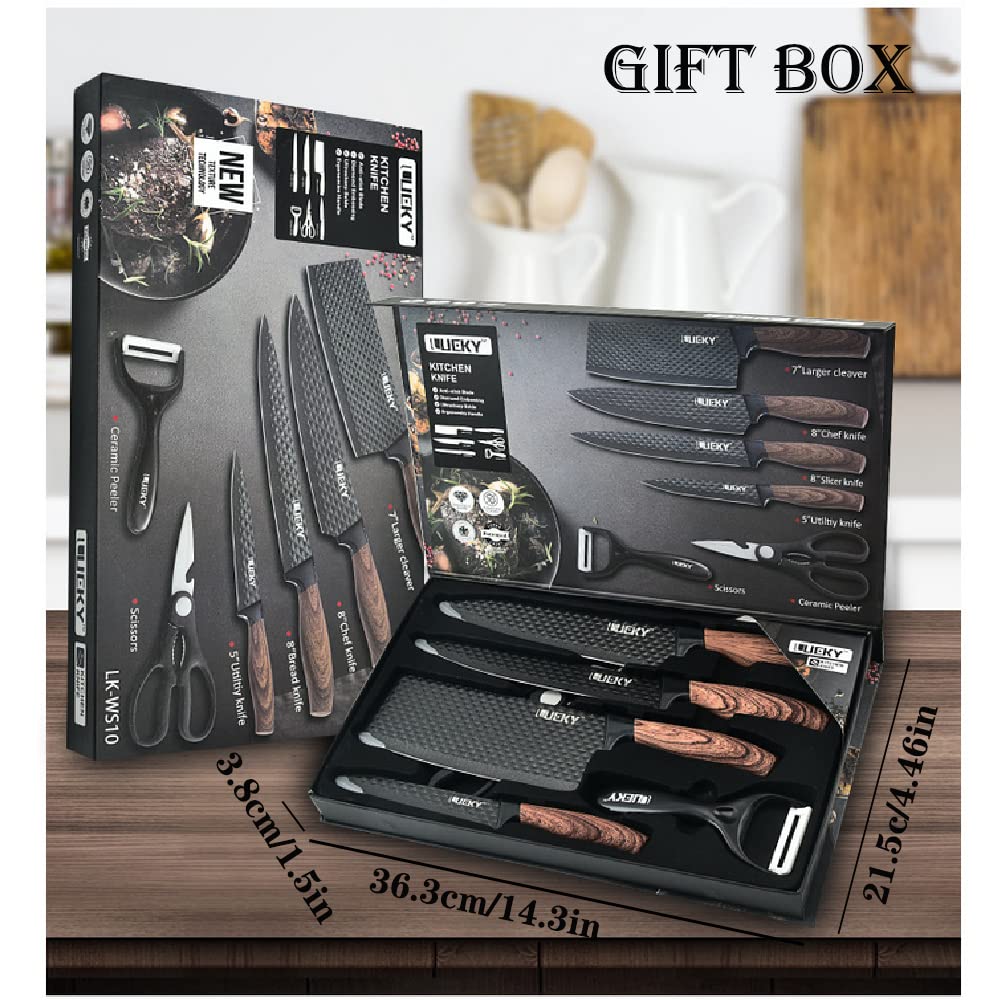 Professional Chef Knife Set 6 Pieces, Black Kitchen Knive Set Sharp Meat Knives for Cooking, Stainless Steel Forged Kitchen Knife with Cutlery Ergonomic Design Wood Handle Chef Knife Gifts Box