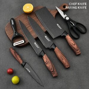 Professional Chef Knife Set 6 Pieces, Black Kitchen Knive Set Sharp Meat Knives for Cooking, Stainless Steel Forged Kitchen Knife with Cutlery Ergonomic Design Wood Handle Chef Knife Gifts Box