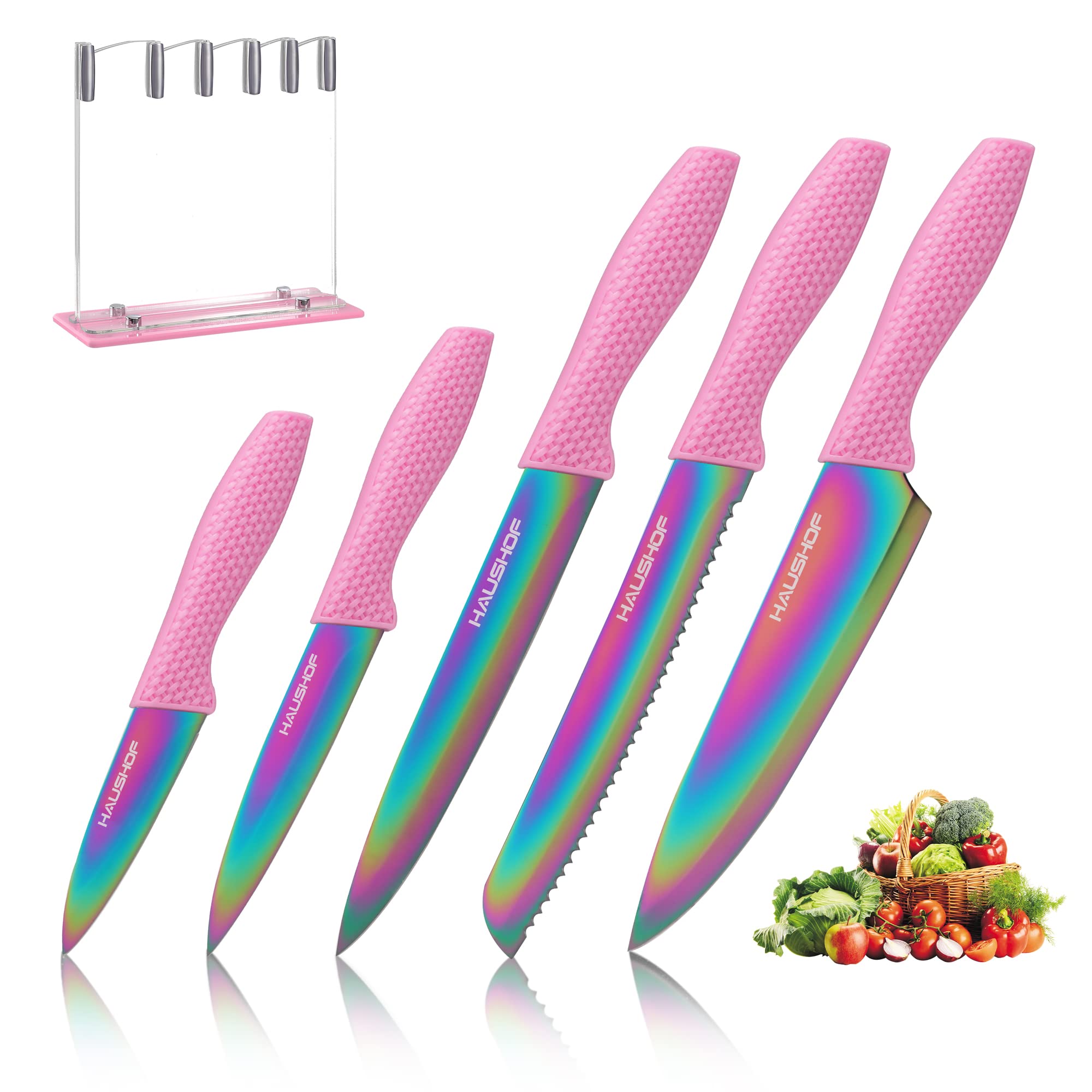 HAUSHOF Kitchen Knife Set, 5 PCS Rainbow Knife Sets with Arcylic Block, Titanium Coated Pink Knives Set for Kitchen, Stainless Steel Knives Set with Ergonomic Handle, Great for Slicing, Dicing&Cutting