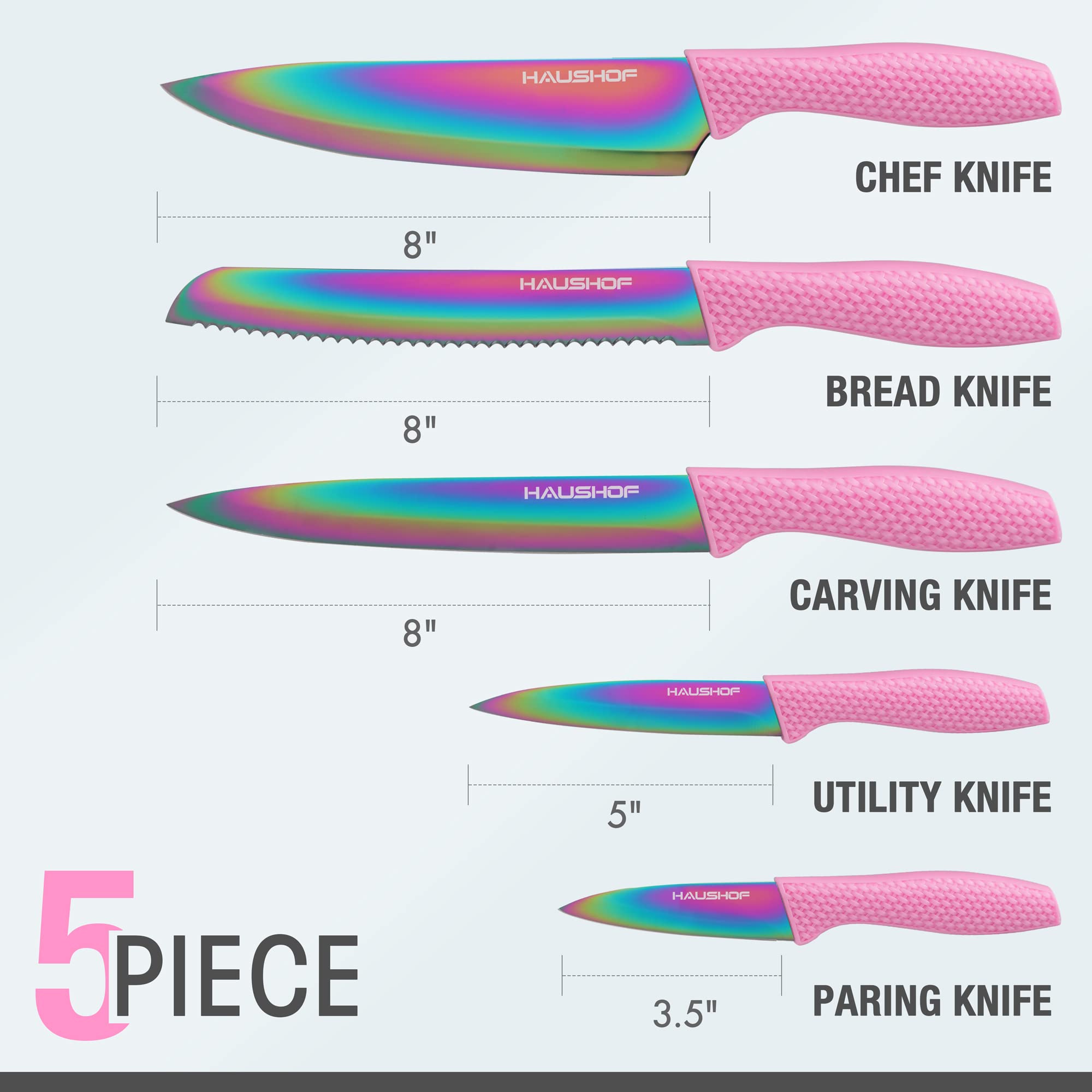 HAUSHOF Kitchen Knife Set, 5 PCS Rainbow Knife Sets with Arcylic Block, Titanium Coated Pink Knives Set for Kitchen, Stainless Steel Knives Set with Ergonomic Handle, Great for Slicing, Dicing&Cutting